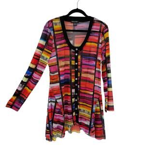 Michael Tyler Colorful Sheer mesh Knit Tunic top size XL Button up Long sleeve